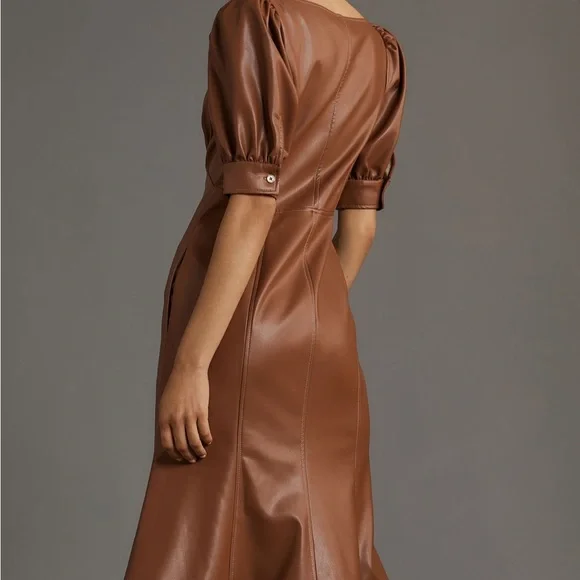 Anthropologie Faux-Leather Puff-Sleeve Zip-Front Midi Dress In Brown NWT - Picture 2 of 4